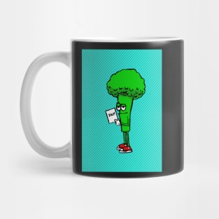 YAY! BROCCOLI BOY Against Blue Diagonal Stripe Background Mug